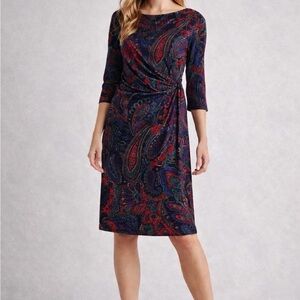 Lauren Ralph Lauren Paisley Dress Woman’s 10 Navy Red Rusched  3/4 Sleeve Boho